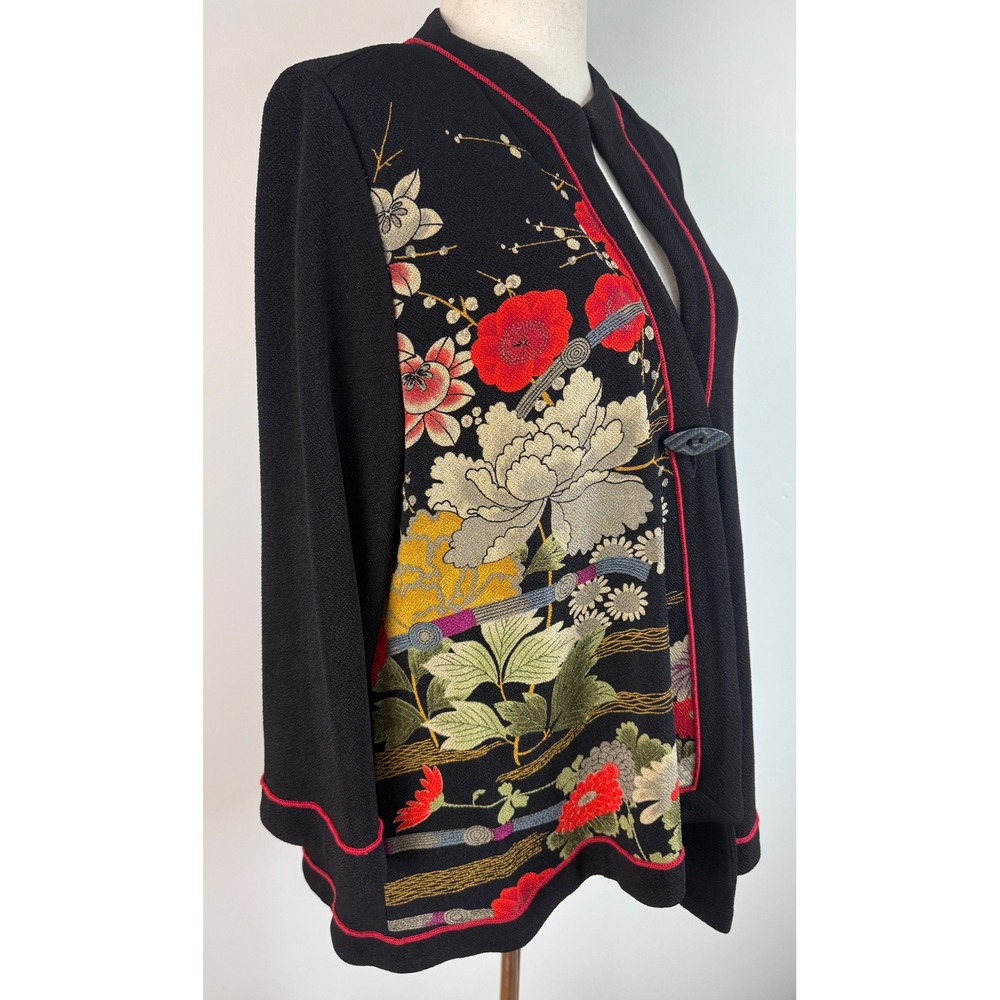 Haute Couture Paris Cardigan Jacket Womens XL Black Floral Embroidered Toggle